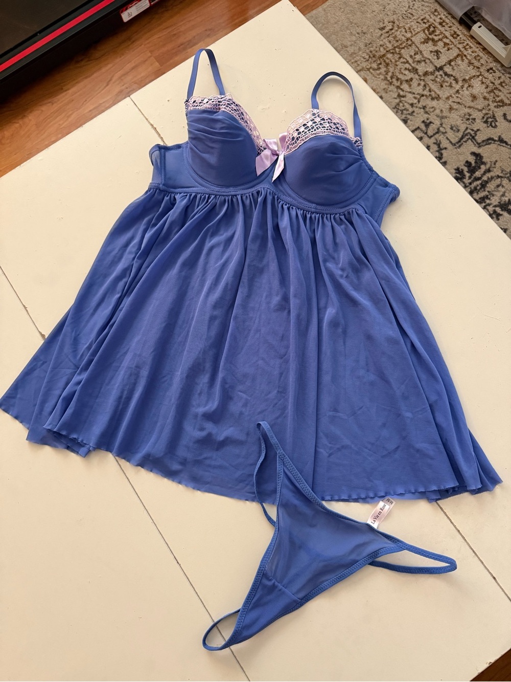 NWOT La Vie en Rose Blue Babydoll Lingerie Set Sparkle Lace Bow Romantic Sexy M